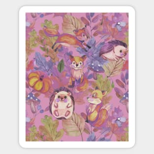 Hedgehog, fox and leaves, cute watercolor print Sticker